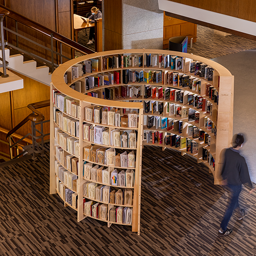 A circular book case in the Frost library