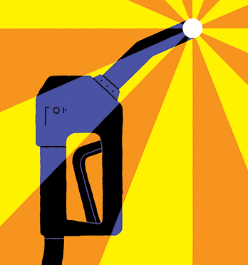 An illustration of a gas pump handle and a sunburst