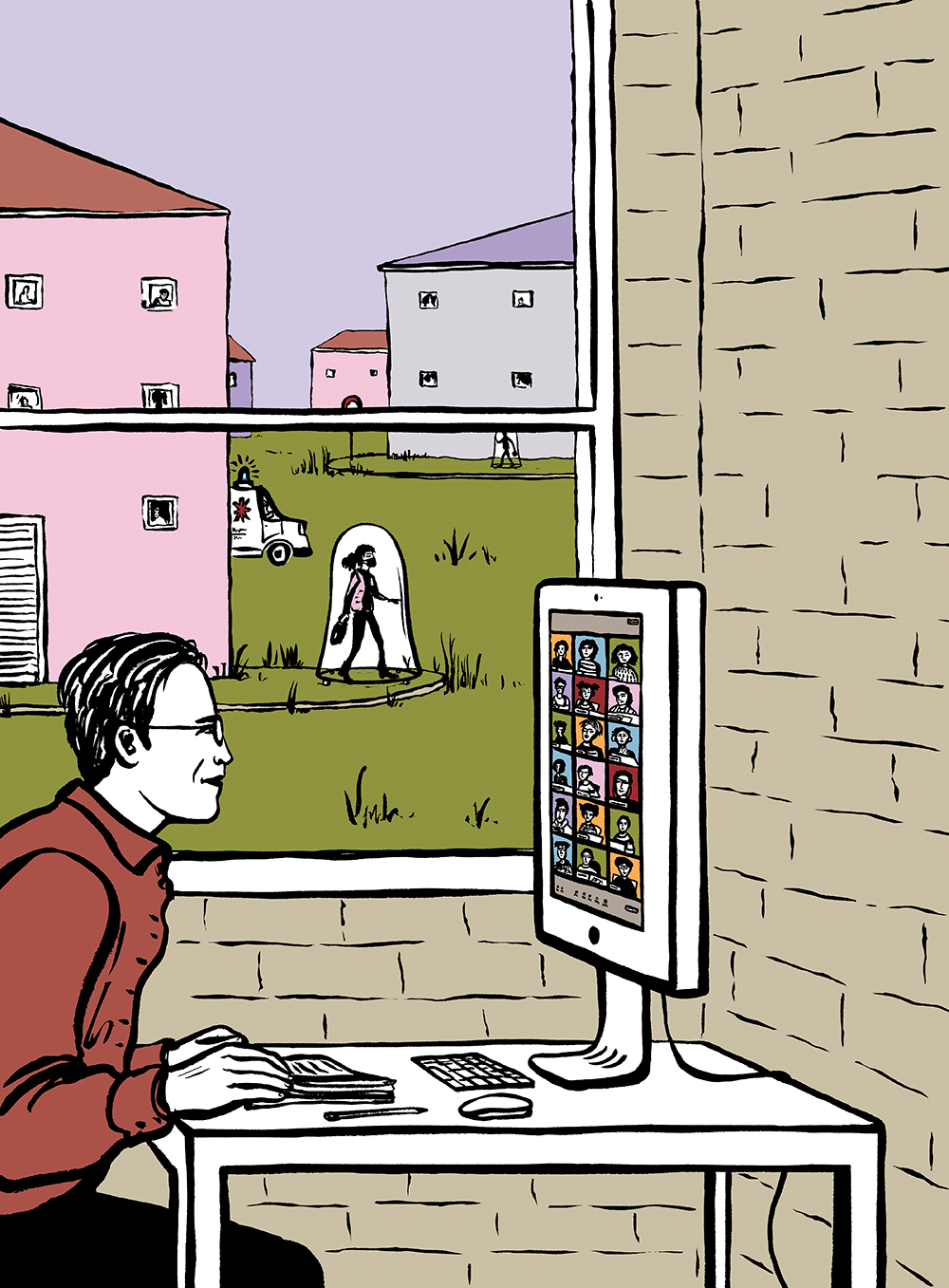 An illustration of a man working at a computer in front of a window