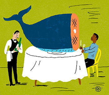 An illustartion of a man in a restaurant with half of a whale on the table