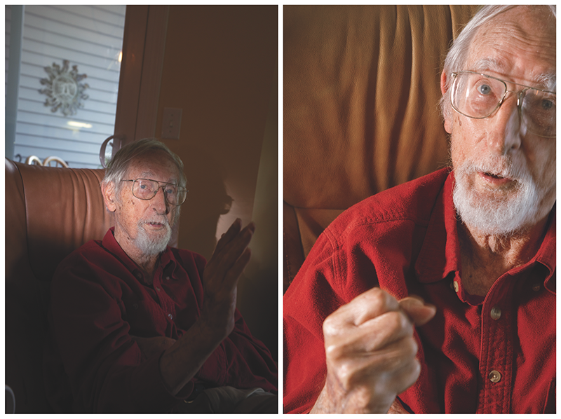 Two photos of an older man with a white beard speaking to someone off-camera