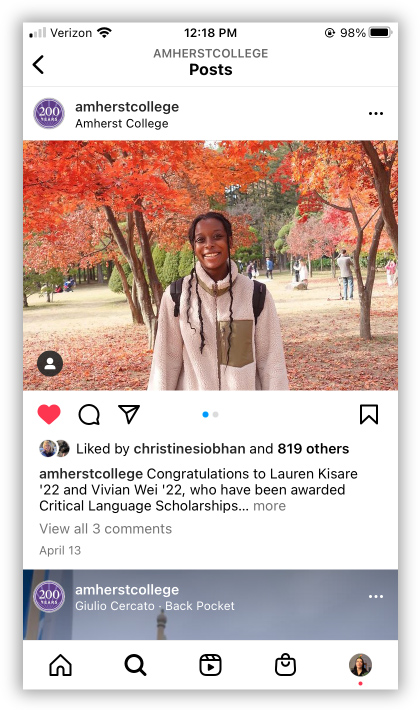 screenshot of an Amherst Instagram post showing a photo with a caption underneath