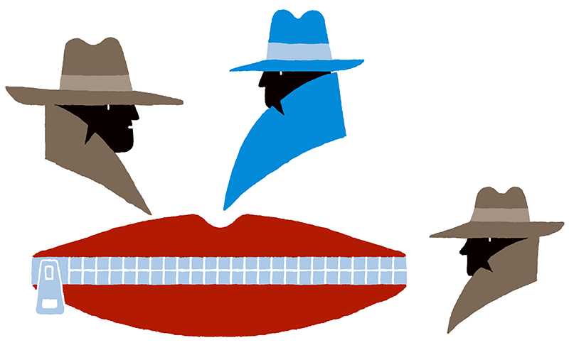 An illustration of spies located around a pair of zipped lips