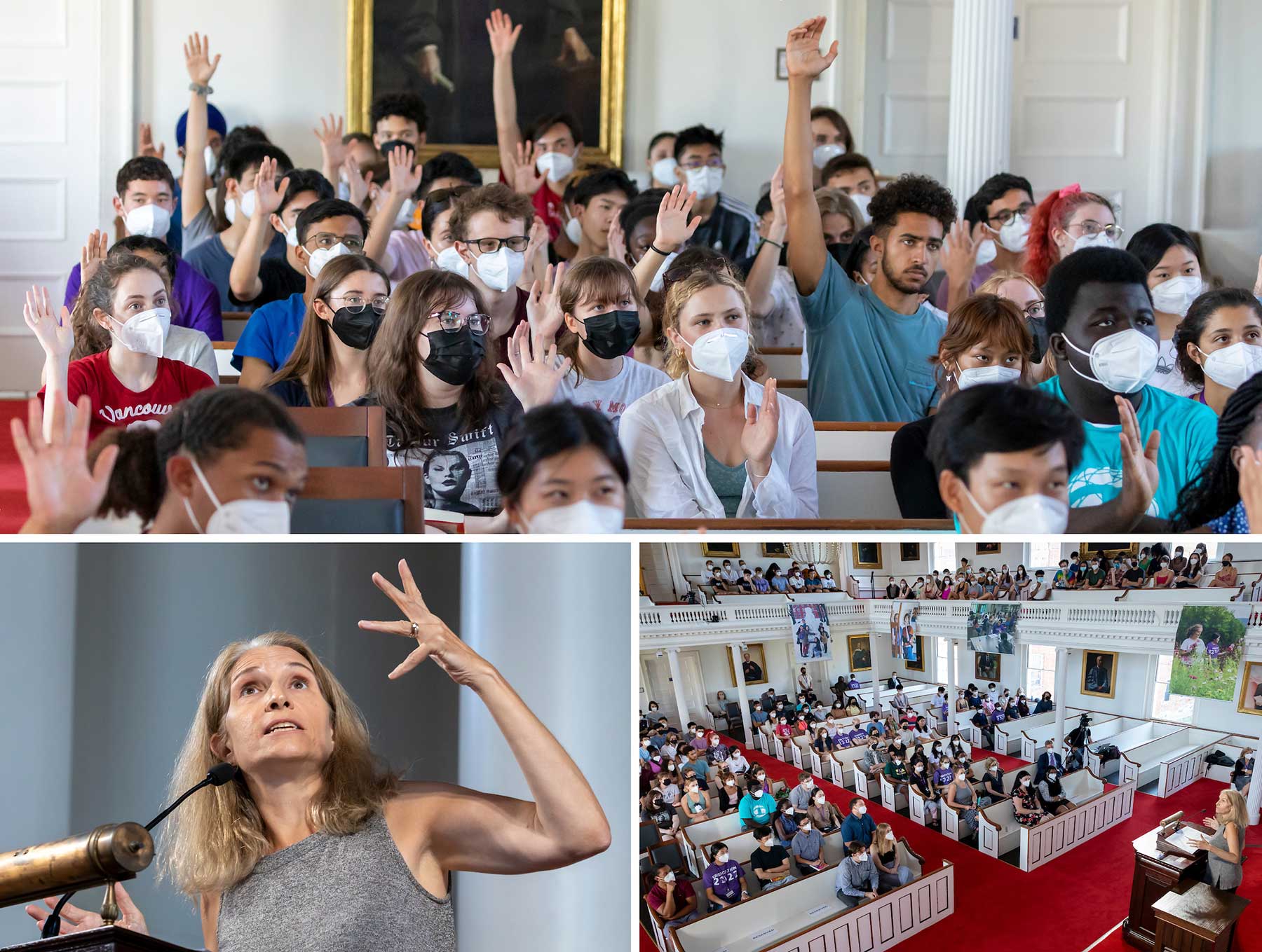 Students attend a lecture in Johnson Chapel; Professor Sanderson addresses them from the stage.