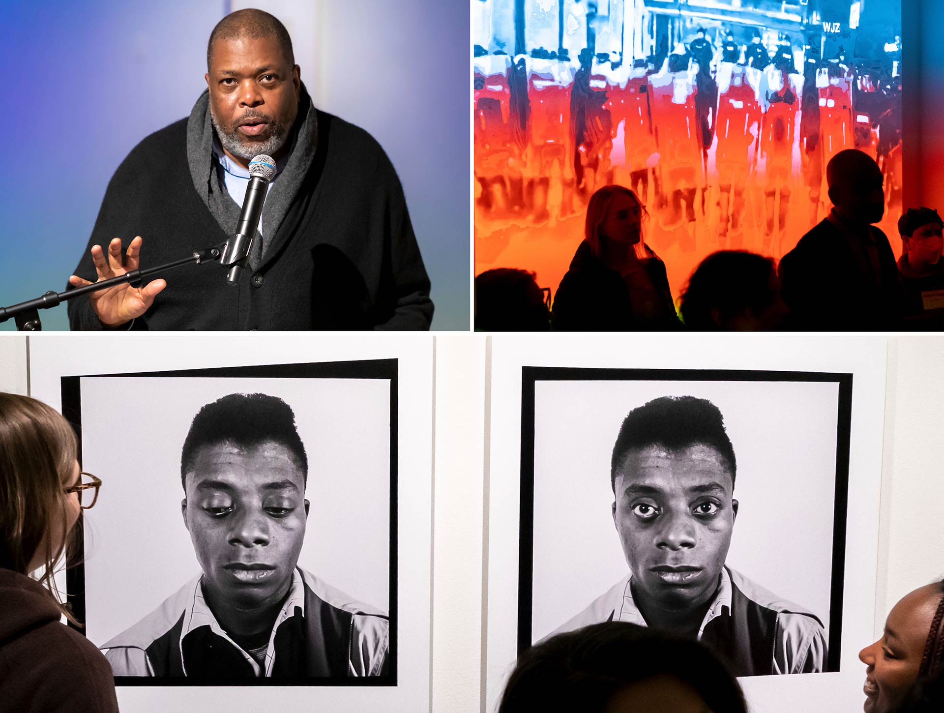 Hilton Als speaking in the Mead Art Musuem, plus two images of James Baldwin.