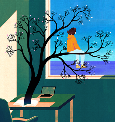 An illustration of a woman sitting in a tree and and looking out a window