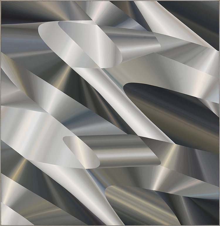 Abstractly shaped square canvas, primarily painted grey with metallic cylindrical shapes
