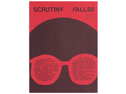 A red book cover that has an illustration of a man in sunglasses with the title "Scrutiny Fall 1988"