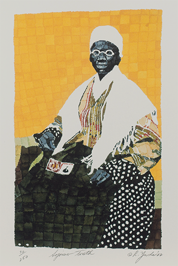 A modern, collage painting of a black woman in a rocking chair