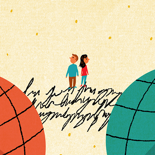 An illustration of two people on a bridge or words spanning two globes