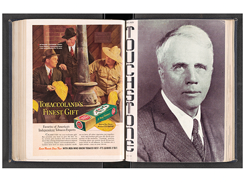 A magazine spread with a cigarette ad on the left page and a portrait of an older man on the right page