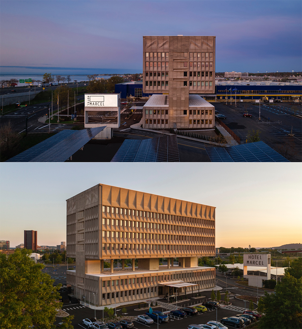 Two photos of a concrete modernist building