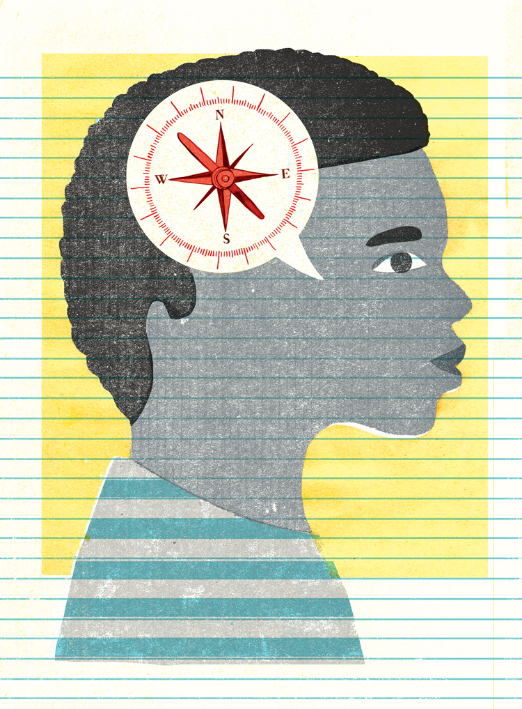 Illustration of Africa-Amherican child with compass-like speech bubble