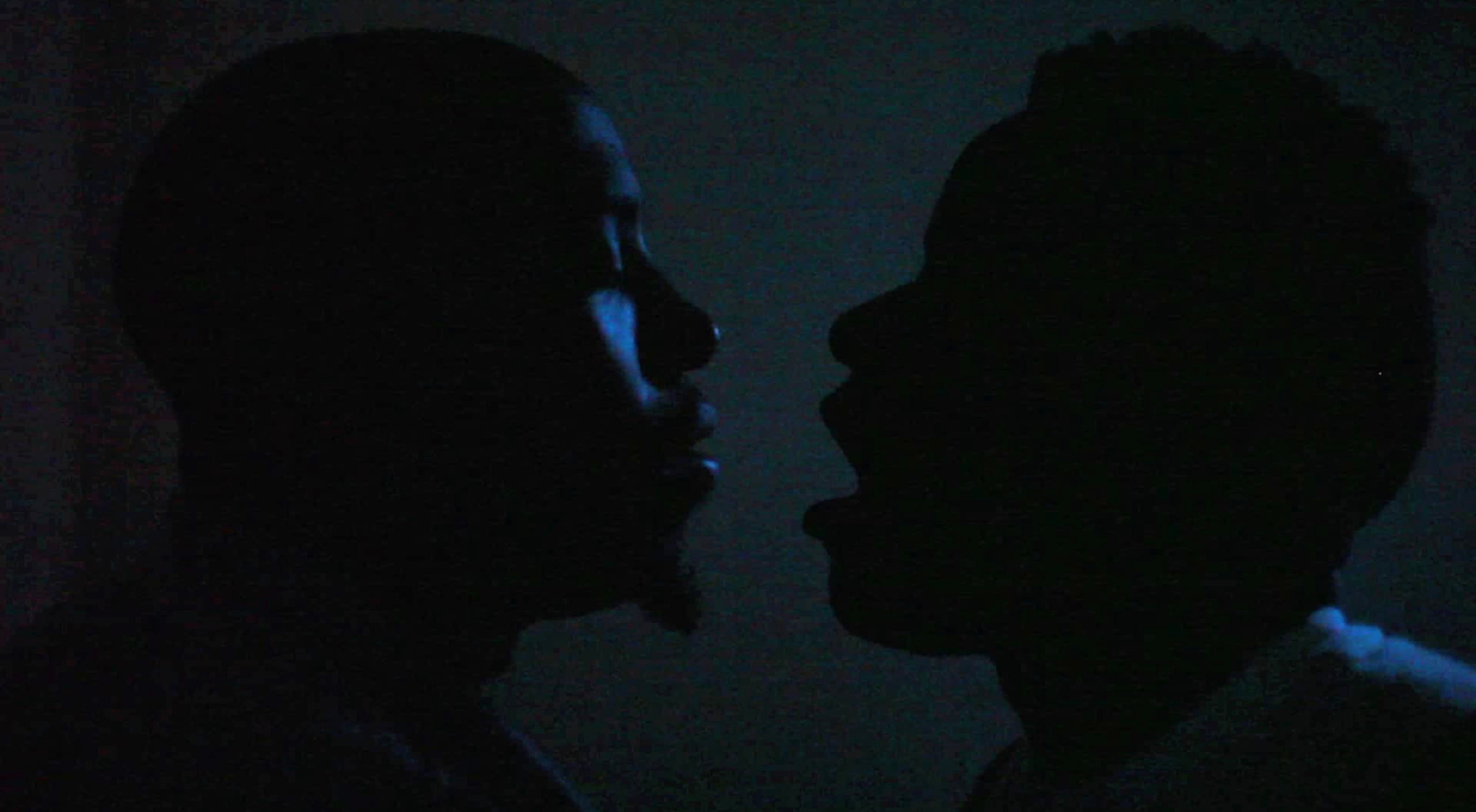A headshot of two black men in profile in a dim, blue-lit room passing smoke from their blunts into each other’s mouths.  The close proximity of the men suggest the promise of a kiss.