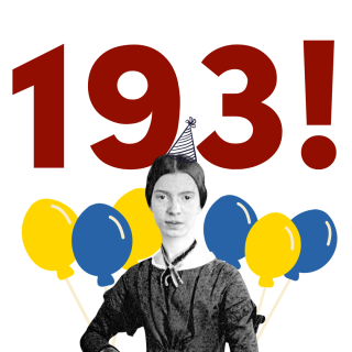 A graphic of Emily Dickinson standing in front of balloons and the numbers "193!" in celebration of her birthday