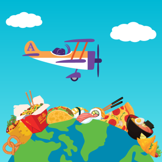 Photo of airplane flying over a globe with a variety of clipart of food from different countries