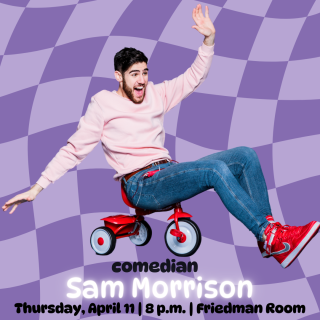 Image of comedian Sam Morrison on a child's tricycle with a purple checkered backgroun