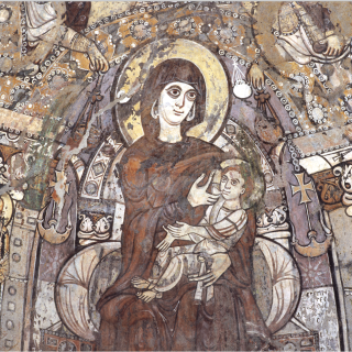 Fresco of Mary holding baby Jesus