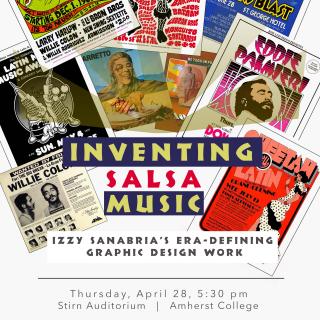 Event poster showing examples of colorfully designed album covers and ads for musical performances