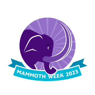 Image of a purple cartoon mammoth with a 'Mammoth Week 2023' banner