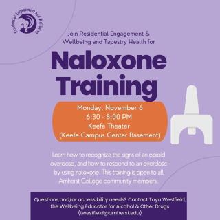 A graphic for the naloxone training, detailing the location and content covered