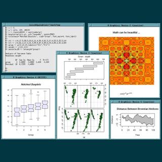 A series of windows showing R code and four types of graphs.