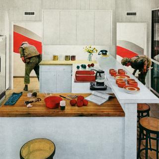 Collage depicting a stylish white kitchen being searched by two military men in uniform