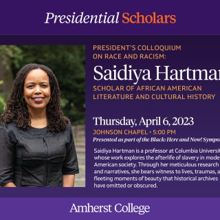 Event poster with photo of Presidential Scholar Saidiya Hartman. Poster repeats event calendar text.
