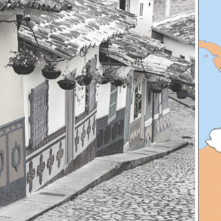 Photo of a street in Bogota, Colombia and a map of Colombia