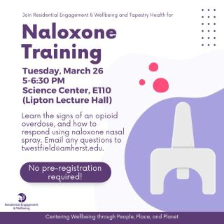 A graphic for the naloxone training, detailing the location and content covered