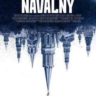 Film poster for "Navalny," with a city skyline pointed down at the words "Poison always leaves a trail"