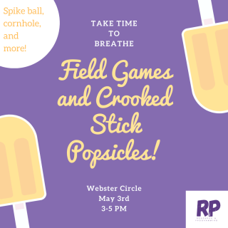 "Field Games and Crooked Stick Popsicles" with yellow popsicles on side on light purple background 