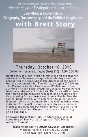 Flyer for Brett Story's lecture featuring a film still
