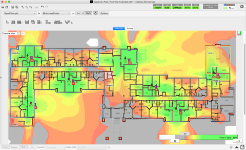 An example of a heat map showing the variation in wireless signal strength in a residential building. Some areas have strong signal strength and other areas have weaker signal strength.