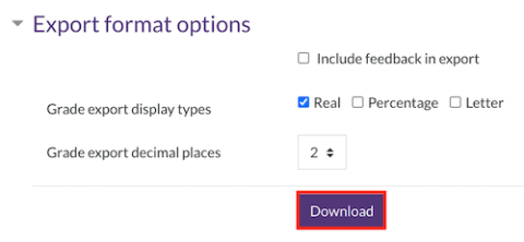Screenshot of export formatting options and purple download button