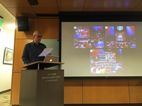 Photo of Marc Siegel presenting a slide about Helene Keyssar, from Keyssar Lecture