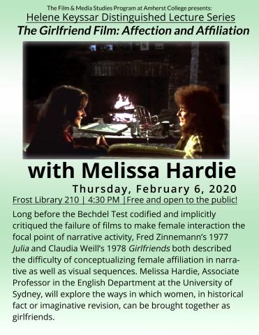 Flyer for Melissa Hardie's lecture featuring a film still from Girlfriends