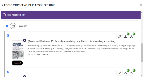 Screenshot of the eReserve Plus Moodle plug-in for adding a reading