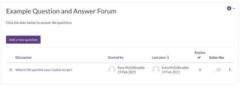 Example of Question and Answer Forum layout, with Add a new Question button