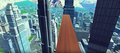 Screenshot of a virtual reality program showing a wooden plank extending out from a high-rise building