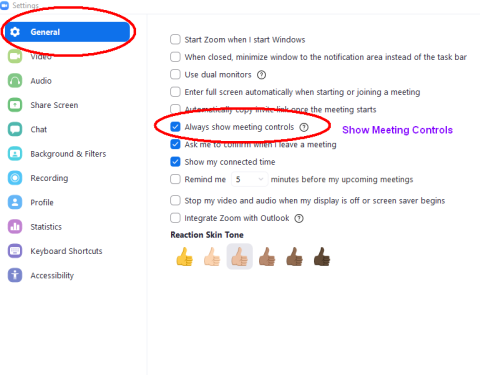 Screenshot of Zoom Settings showing the checkbox for "Always show meeting controls" in the "General" section