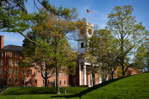 The clock tower on Johnson Chapel on the campus of Amherst College
