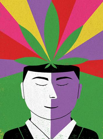 An illustration of a marijuana leaf coming out of the top of a man's head