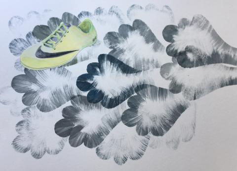 A watercolor of wisps of smoke, overlain with a cut out drawing of a lime green running shoe
