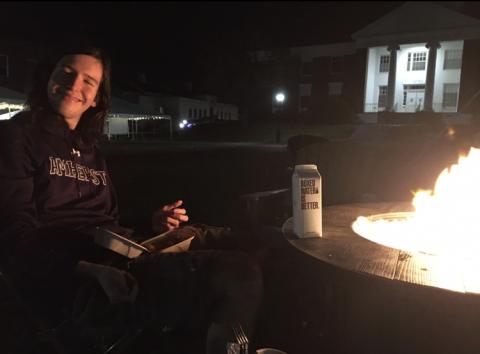 A little firepit on the val quad, eating mac and cheese bites at night
