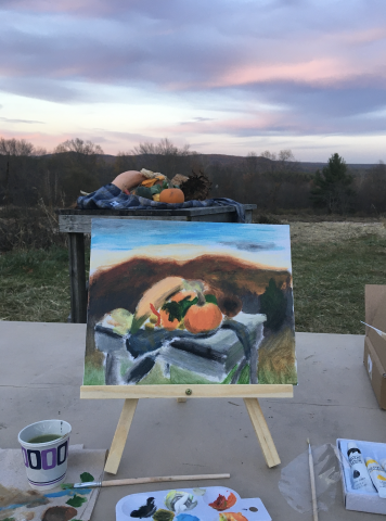 An unfinished painting of a still life at the farm