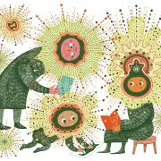 An illustration of a family with suns as faces