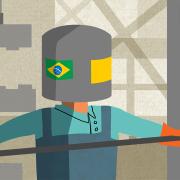 An illustration of a man working in a kiln wearing a giant helmet with a Brazilian flag on it