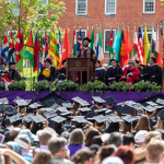 A speaker speaking at the Amherst College commencement