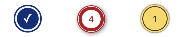 Editorially icon examples, blue circle with checkmark, red circle with number 4, yellow or amber circle with number 1